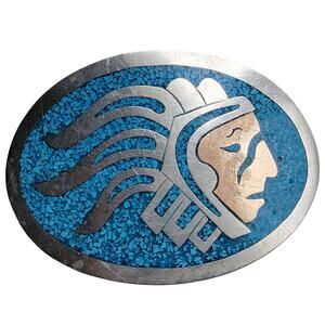 Vintage Alpaca Mexico Belt Buckle Blue Inlay Native Chief 3.5x2.5